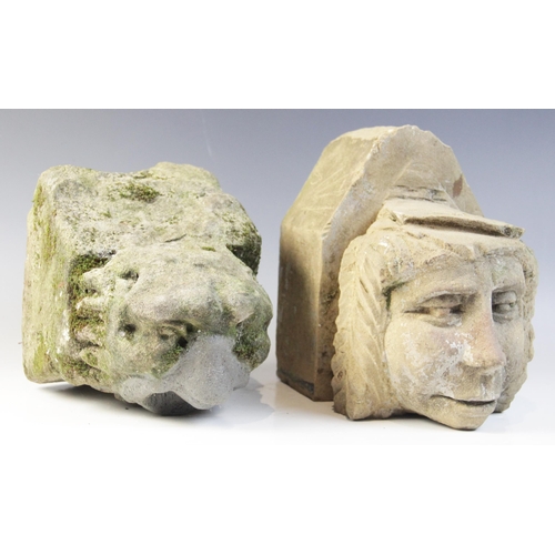 95 - A carved stone corbel in the medieval style, the distinctive male head carved wearing a scholars typ... 