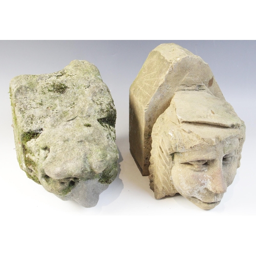 95 - A carved stone corbel in the medieval style, the distinctive male head carved wearing a scholars typ... 