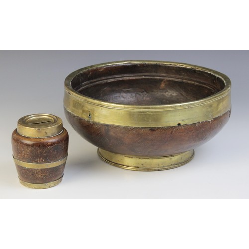 489 - An 18th/19th century brass bound fruitwood bowl, 13cm H x 26cm D, along with a brass bound fruitwood... 