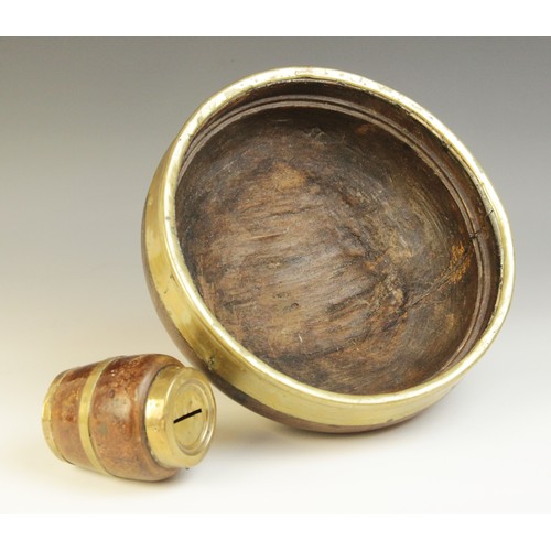 489 - An 18th/19th century brass bound fruitwood bowl, 13cm H x 26cm D, along with a brass bound fruitwood... 