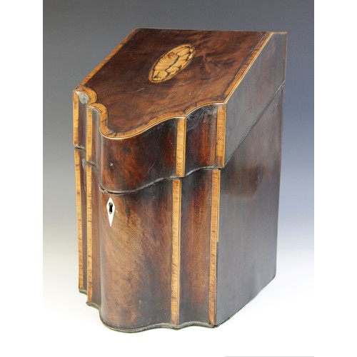 498 - A George III mahogany and satinwood cross banded knife box, of serpentine form,  the hinged cover in... 