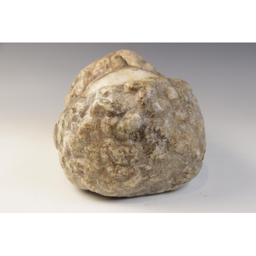 123 - A marble head of a bearded male with down-curved moustache, some deep drilling to the curled hair, 2... 