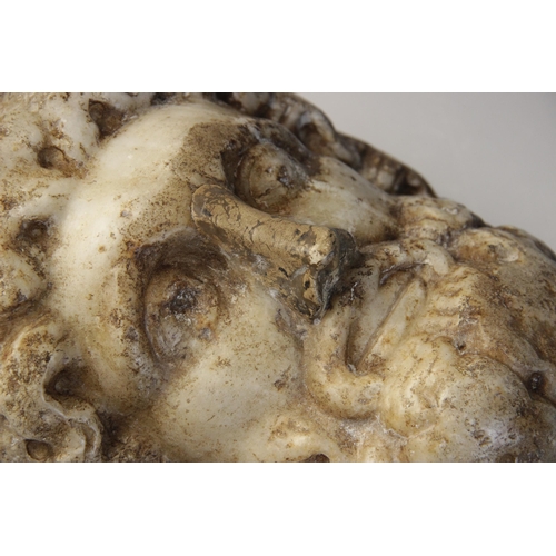 123 - A marble head of a bearded male with down-curved moustache, some deep drilling to the curled hair, 2... 