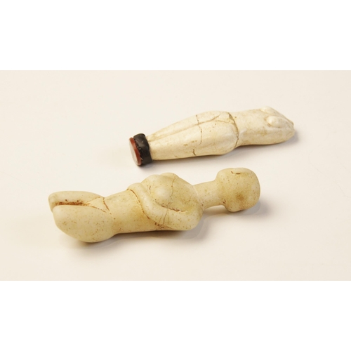 151 - Two Cycladic style figures,  Not Ancient, 8.5cm high and  10.5cm high (2) (at fault) 

Provenance: E... 