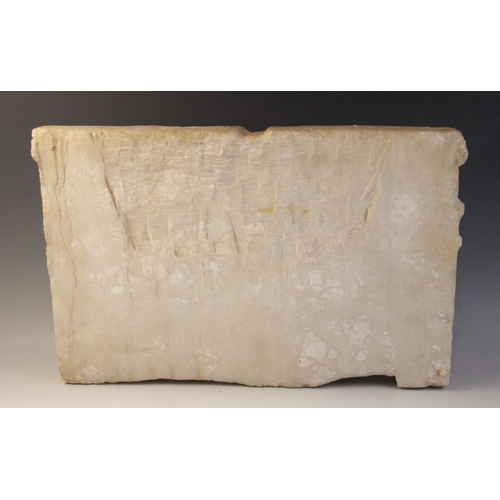 161 - A marble rectangular relief deeply carved with four figures, two shield-bearing soldiers, one carryi... 