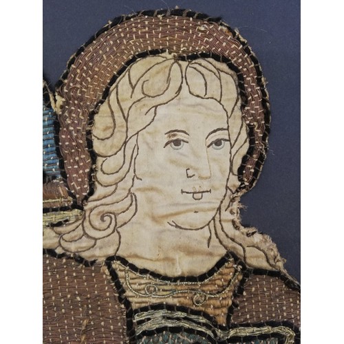 262 - An embroidery of a religious figure, possibly Saint Catherine, possibly 17th Century, comprised of c... 