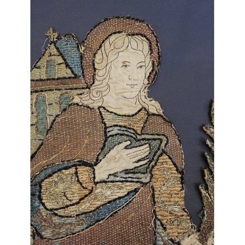 262 - An embroidery of a religious figure, possibly Saint Catherine, possibly 17th Century, comprised of c... 