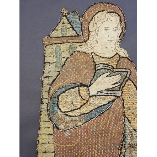 262 - An embroidery of a religious figure, possibly Saint Catherine, possibly 17th Century, comprised of c... 