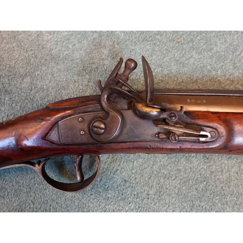 66 - A replica Flintlock Blunderbuss, the round bronze barrel stamped ‘A093’, half-stocked in walnut and ... 