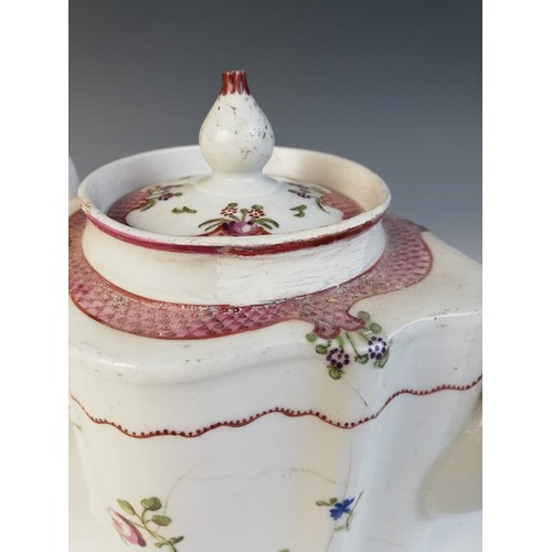 363 - A Worcester porcelain teapot circa 1780, decorated in a kakiemon design with alternating panels, the... 