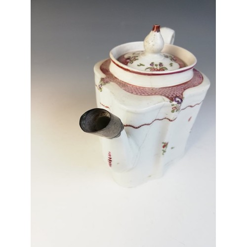 363 - A Worcester porcelain teapot circa 1780, decorated in a kakiemon design with alternating panels, the... 