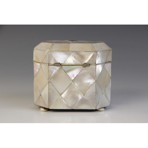 48A - A 19th century mother of pearl and ivory tea caddy, the rectangular caddy with canted corners raised... 