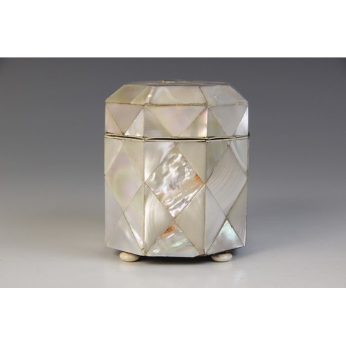 48A - A 19th century mother of pearl and ivory tea caddy, the rectangular caddy with canted corners raised... 