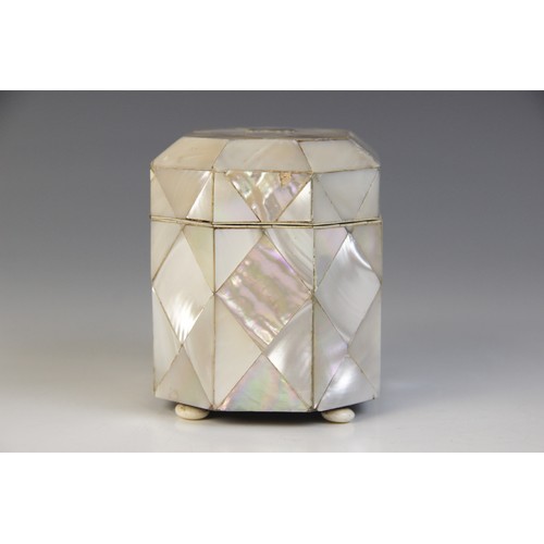 48A - A 19th century mother of pearl and ivory tea caddy, the rectangular caddy with canted corners raised... 