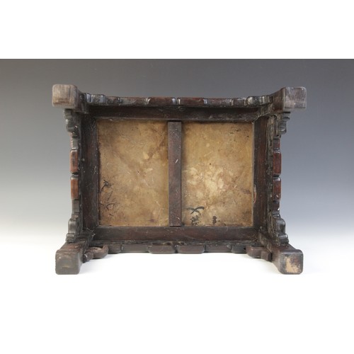 304 - A Chinese hardwood and rouge marble urn stand, of rectangular form with interlinked openwork frieze,... 