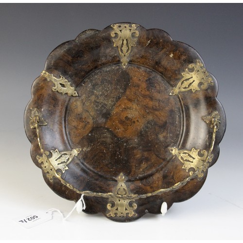 502 - A Victorian brass mounted papier mache swing handled dish, 19th century, the faux burr walnut dish w... 