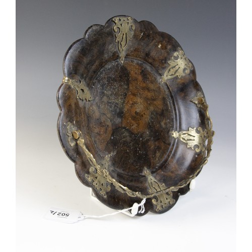 502 - A Victorian brass mounted papier mache swing handled dish, 19th century, the faux burr walnut dish w... 