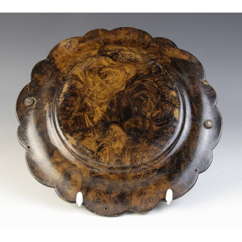 502 - A Victorian brass mounted papier mache swing handled dish, 19th century, the faux burr walnut dish w... 