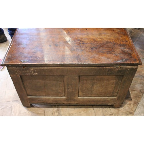 571 - An 18th century oak coffer of cottage proportions, the rectangular moulded top above twin panels eac... 