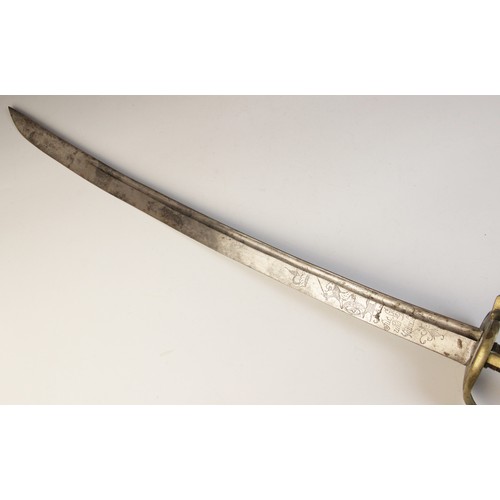 73 - A German sword, 18th century, the 58.5cm single edged curved fullered steel blade with bayonet tip, ... 