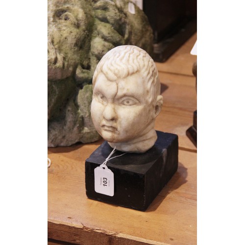 103 - A carved marble head, depicting a young boy with distinctive hair details, 15m high, upon a plinth b... 