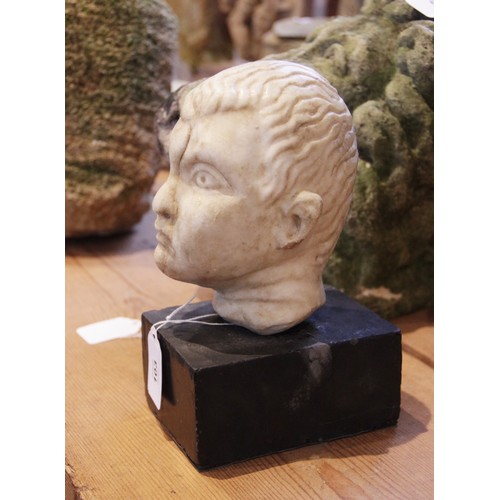 103 - A carved marble head, depicting a young boy with distinctive hair details, 15m high, upon a plinth b... 