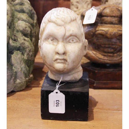 103 - A carved marble head, depicting a young boy with distinctive hair details, 15m high, upon a plinth b... 