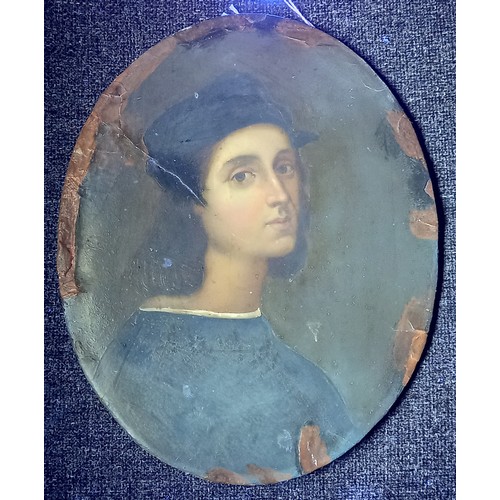 254 - After Raphael (Italian, 1483-1520), 
'Self Portrait', 
Oil on oval board, 
Unsigned, 
21.5cm x 17cm,... 