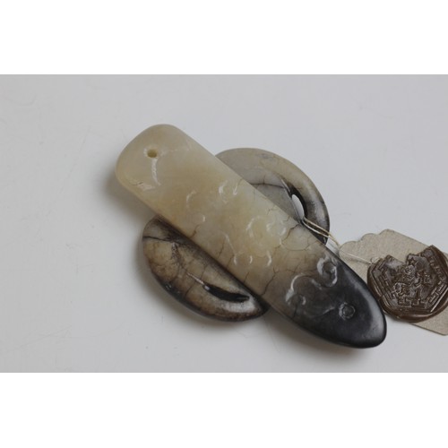 297 - * A Chinese white jade and mutton fat coloured Guqin form pendant, carved with a single bat (Fu), th... 