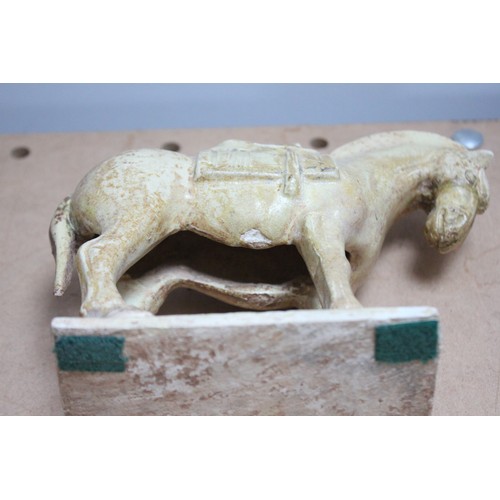 332 - Two Chinese straw-glazed equestrian groups, possibly Sui dynasty, each horse modelled on four legs r... 