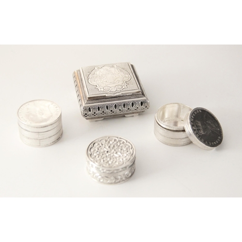 15 - An Indian silver coloured niello jewellery box, of compressed square form on four bracket feet, the ... 