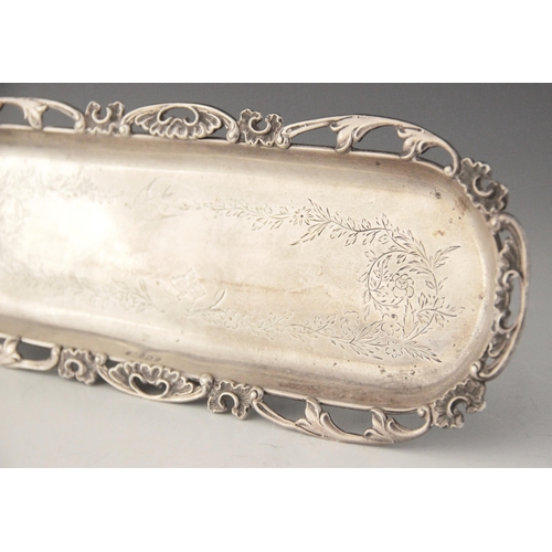 42 - An Edwardian silver pin tray, Levi & Salaman, Birmingham 1906, the lozenge form tray with pierced fo... 