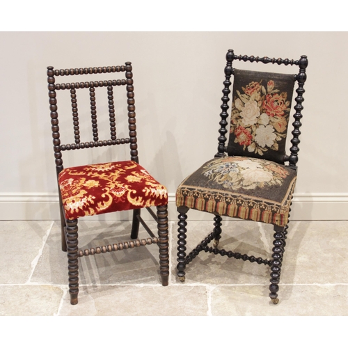 689 - A 19th century ebonised bobbin turned chair, with floral tapestry upholstered back rest and seat, ra... 