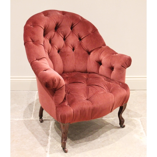 691 - A Victorian button back tub chair, upholstered in red velour, the arched padded back and arms, enclo... 