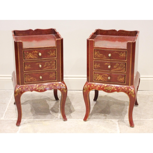 717 - A pair of chinoiserie red lacquer bedside chests, late 20th century, each with a three quarter galle... 