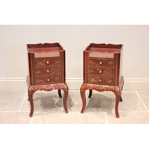 717 - A pair of chinoiserie red lacquer bedside chests, late 20th century, each with a three quarter galle... 