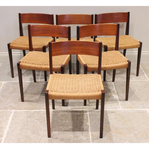 740 - A set of six mid century Danish design teak dining chairs in the manner of Mogens Kold, each with a ... 