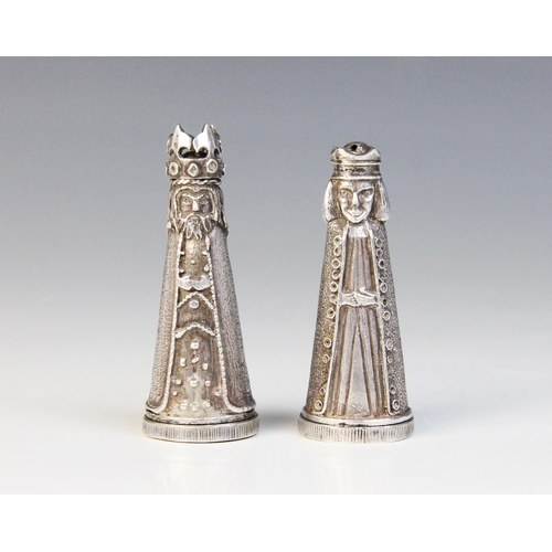 83 - A pair of novelty silver salt and pepper shakers, Israel Freeman & Son Ltd, London 1969, modelled as... 