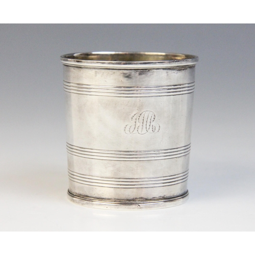 92 - A George III silver christening mug, John Emes, London 1799, of tapering form with banded decoration... 