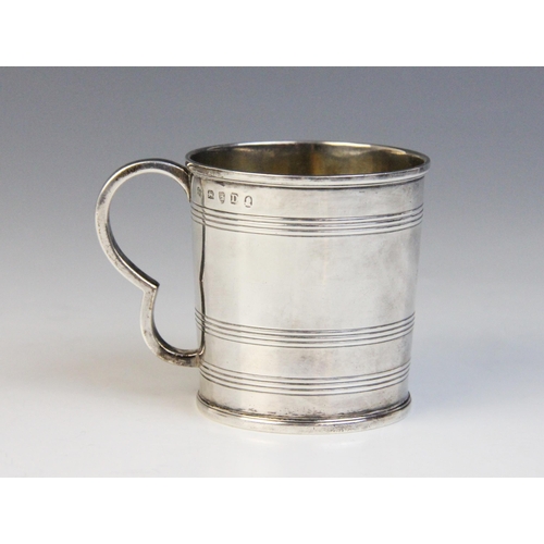 92 - A George III silver christening mug, John Emes, London 1799, of tapering form with banded decoration... 