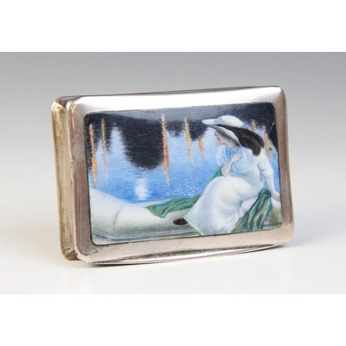 95 - A continental silver and enamel snuff box, of rectangular form, the cover depicting a lady in Edward... 