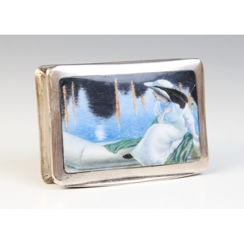 95 - A continental silver and enamel snuff box, of rectangular form, the cover depicting a lady in Edward... 