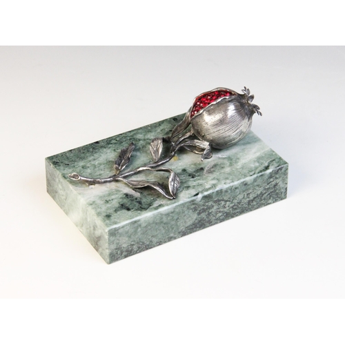 99 - A silver mounted marble desk weight, designed as a realistically modelled pomegranate on vine set wi... 