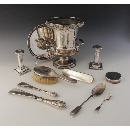 51 - A selection of silver and silver plated tableware and accessories, to include; a part silver mounted... 