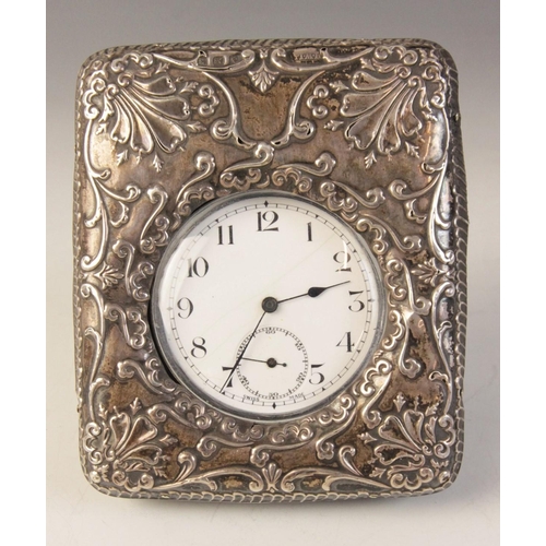 106 - An Edwardian silver mounted pocket watch stand, Henry Williamson Ltd, Birmingham 1909, of rectangula... 