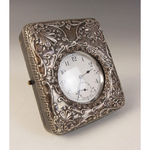 106 - An Edwardian silver mounted pocket watch stand, Henry Williamson Ltd, Birmingham 1909, of rectangula... 