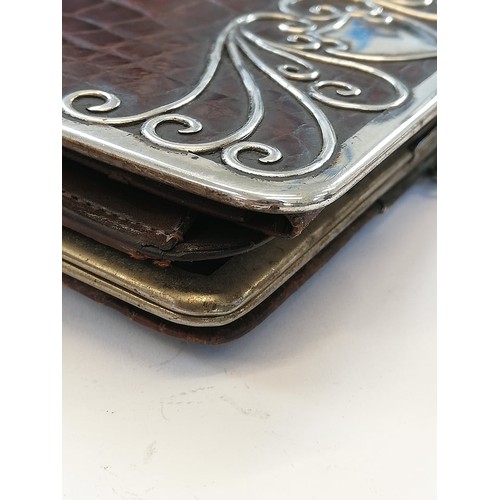 98 - An Edwardian continental silver mounted crocodile evening purse, import marks for 'L.K', Birmingham ... 