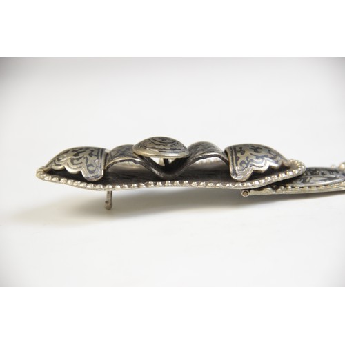 85 - An Armenian silver coloured niello belt, each link designed as an oval panel decorated in niello wit... 