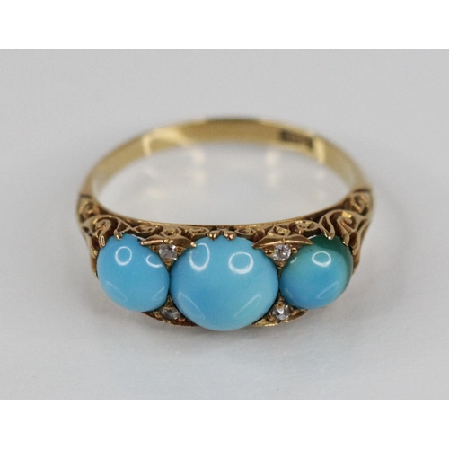 102 - A Victorian turquoise and diamond ring, the central round turquoise cabochon measuring 7.9mm diamete... 