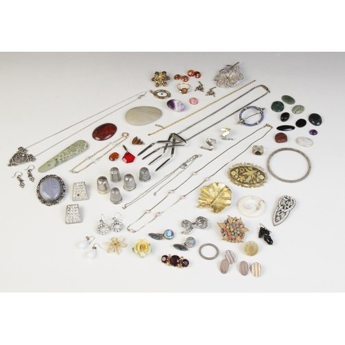 104 - A selection of costume jewellery and accessories, including a silver gilt enamelled pendant by Mariu... 